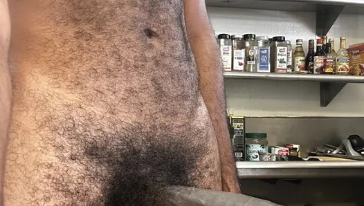 Jerking my hung black cock as it leaks pre cum in the kitchen at work