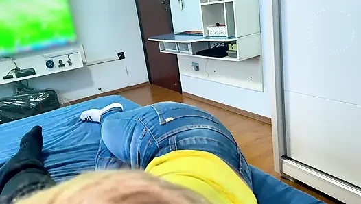 Friend's ex-girlfriend loses a bet and swallows cum during a World Cup match