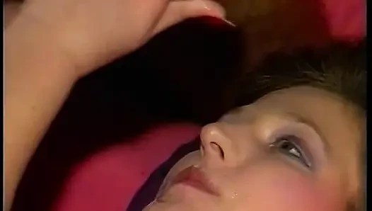 Busty brunette spitroasted and mouth jizzed in vintage threeway