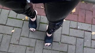 walking in latex leggings - public crossdressing