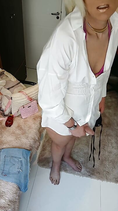 Wearing a Little White Dress and a Tiny Triangle Bikini, Applying Oil, and a Surprise at the End