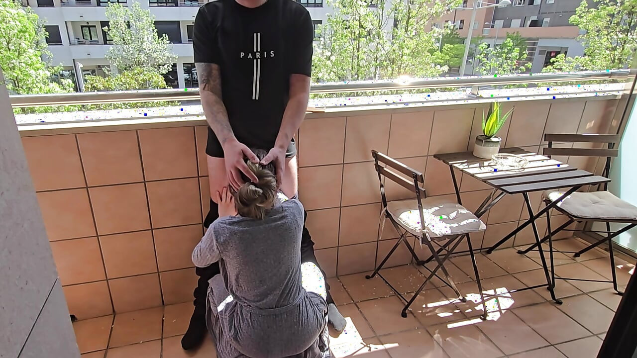 Busty Girl Sucks Her Friend's Cock on a Hotel Balcony!! Risky Sex!