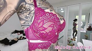 Zwarte en paarse lingerie en microbikini passen op afstand - Melody Radford Onlyfans