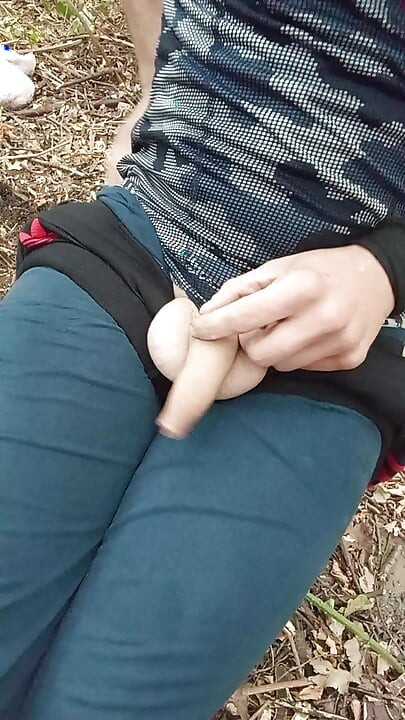 Wild jerking off at the edge of the forest, screaming with lust
