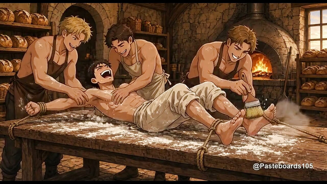 Întins pe masa de făină din brutărie - Ucenicul brutar gâdilat cu pensule de patiserie (2D Anime)