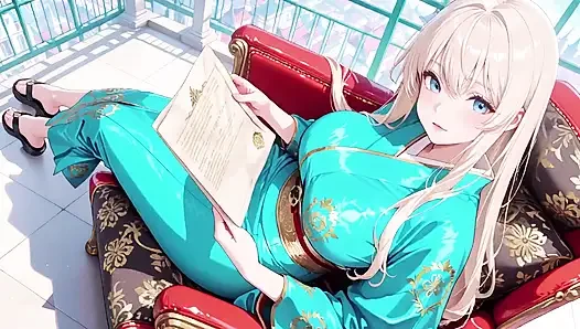 Blonde in a Green Kimono! Lazy Terrace Reading, off-shoulder Design Is Too Sinful!