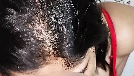 Desi wife in red night dress gives sloppy blowjob & gets hard fuck by husband