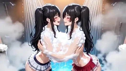 Sevimli anime kızlar duş alıyor, ai animasyon