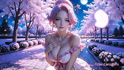 Silk-wrapped beauty arches under cherry petals while her big tits bounce in wild pleasure