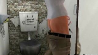 3d toon puta en un baño corre un gloryhole