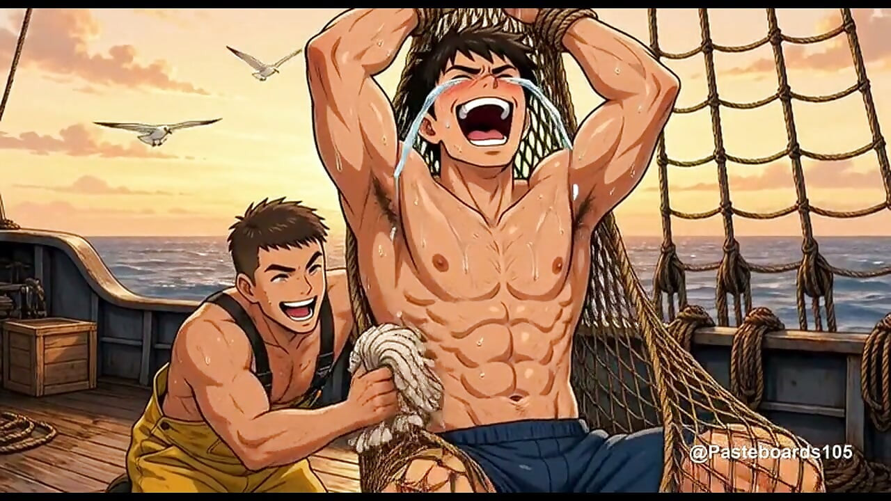 Im Fischer-Netz gefangen, Finger auf seinen Rippen und nackte Füße (2D Anime)