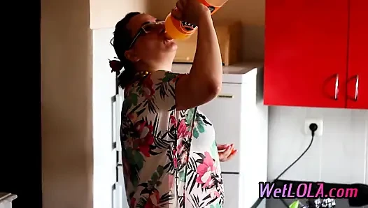 Mature Woman Drinks Juice and Pee All Over the Kitchen Floor While Playing with Her Pussy