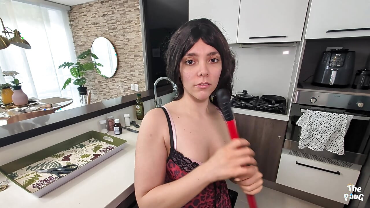 Housewife stepmom is surprised in the kitchen by her stepson's boss