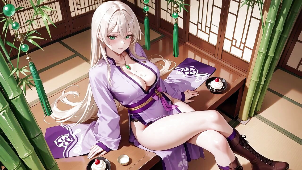 Purple Kimono Warrior! Forbidden Teasing in the Japanese Dojo. Kneeling with a sword, lifting her hem to reveal secrets.