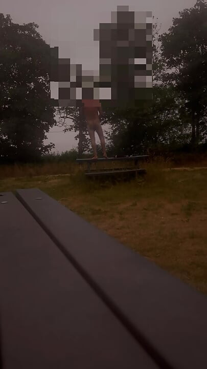Standing naked in park on benches wanking and twerkin
