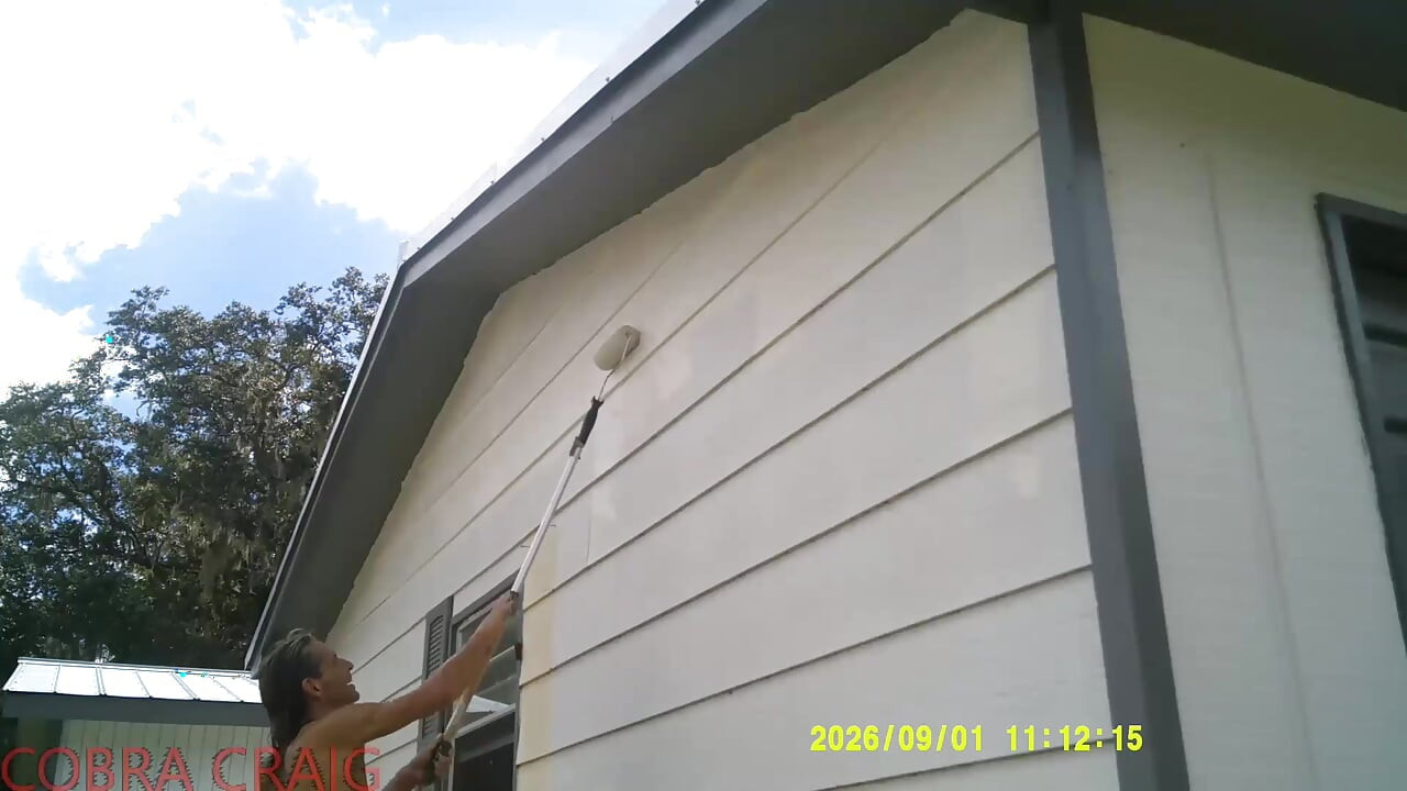 9-1-2026 COBRA CRAIG PAINTS IN HIS TINY RED SHORTS. 64YO. IN THE HEAT AND HUMIDITY.  ROCKS IT
