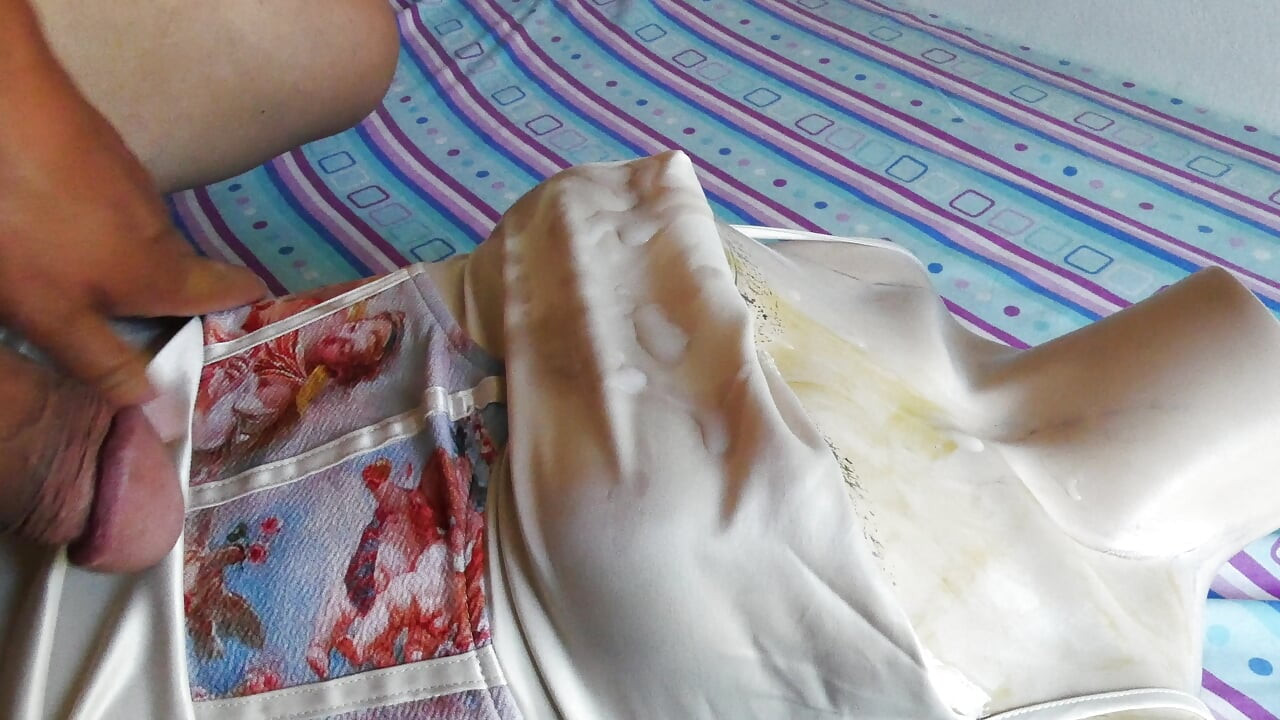 Pleasuring my Cock on a Slutty cream Satin Dress