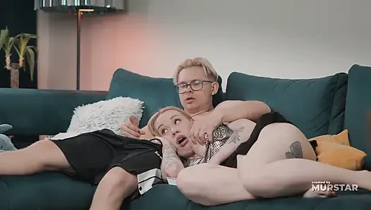 Blonde Step Mom with Huge Tits Rests on Step Son's Lap Leading to Raw Throat and Pussy Fuck