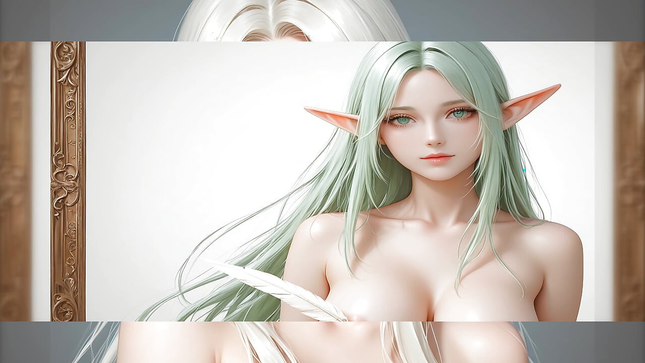 Lustrender, diaporama : une belle elfe nue encadrée en ligne plumes - vidéo ai
