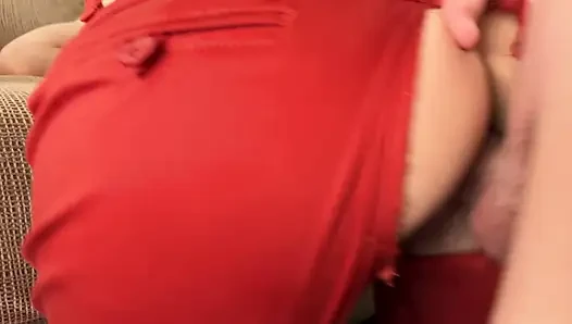 Fucking slutty babe through pants, cum on sexy ass