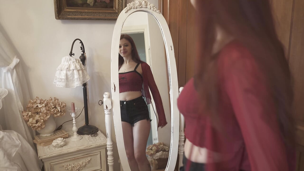 I change several clothes asking Sissi's opinion, but I get horny looking at myself in the mirror