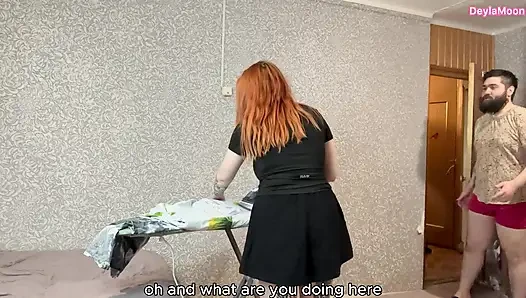 The stepmother was ironing clothes, and her stepson fucked her right on the ironing board.