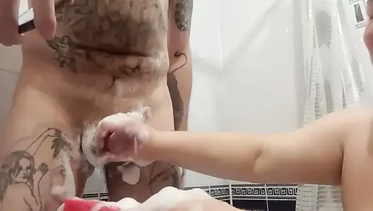 Slicing cum on face, mouth, tits and pussy