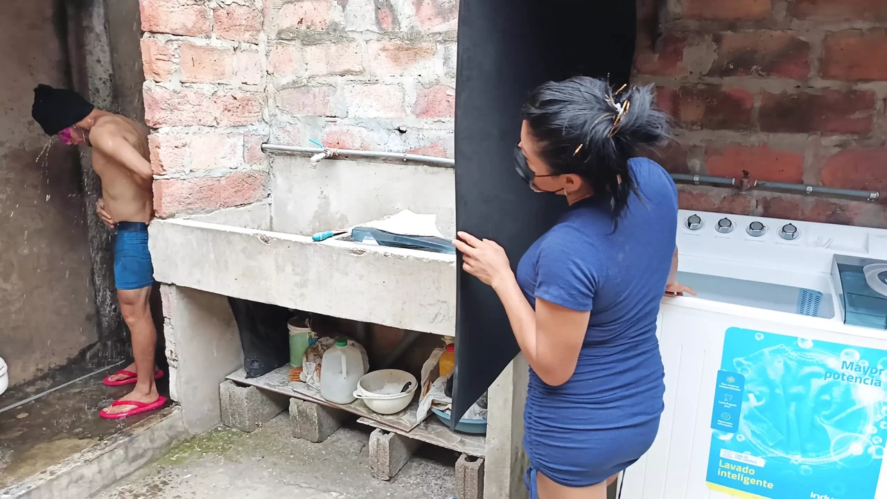 Unfaithful woman watches her neighbor bathing and gets in the shower to please him