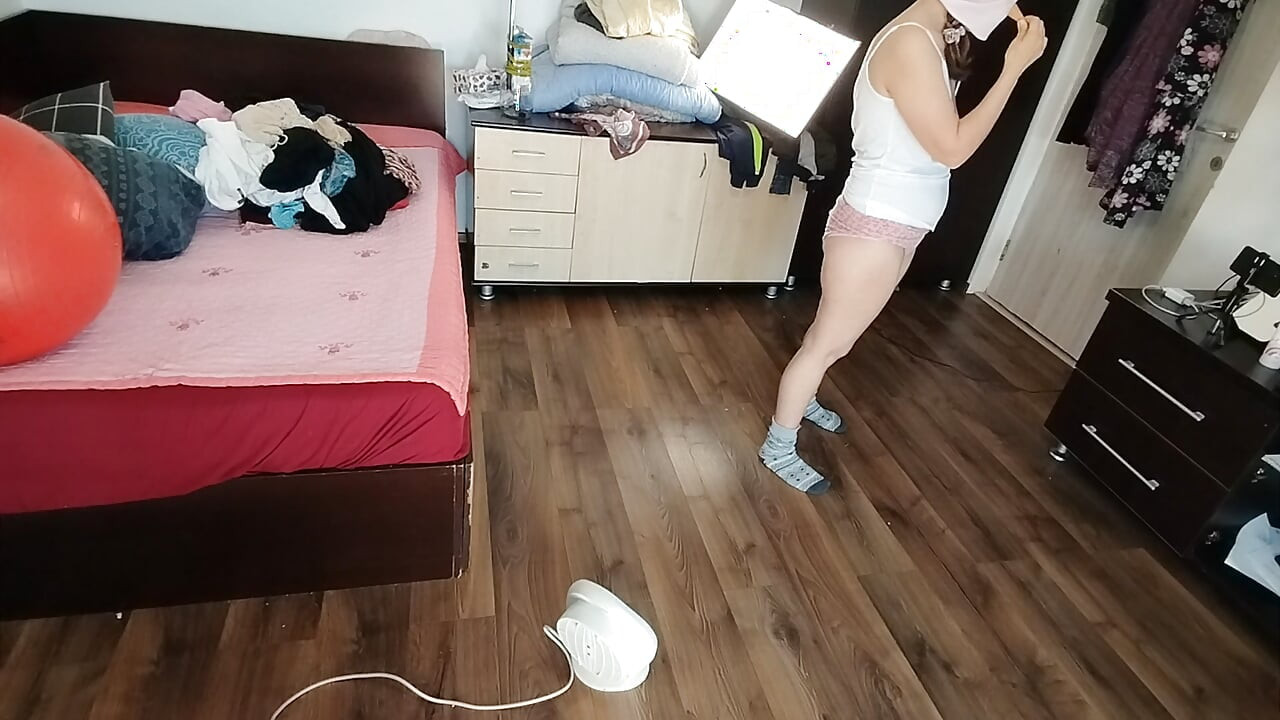 Sexy Brunette Having Fun Trying on Clothes. Sexy Mom Dances Naked Around the House.