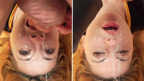 Rough sloppy upside down facefuck session with two amateurs