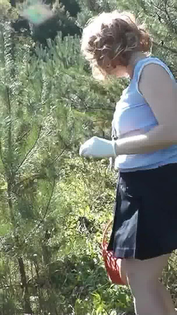 Stunning moment from "MILF sexy blonde came to forest to pick mushrooms and forgot to wear panties. No panties under skirt."