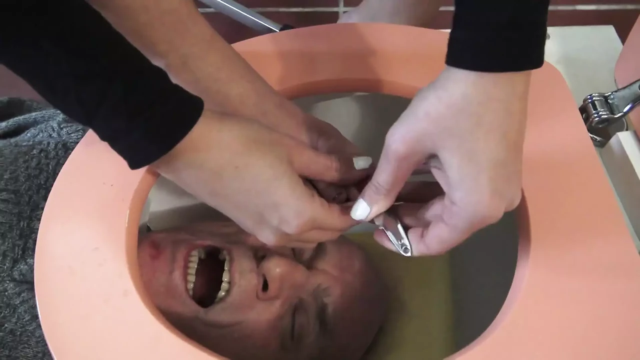 Toilet trash for pedicures and spit!  Madame Carla degrades her old slave as a pedicure slave and spittoon!