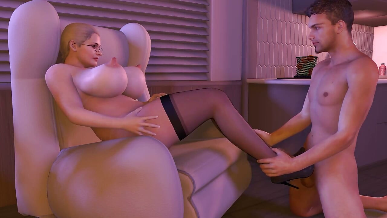 Cougar with Big Tits Gives a High Heels Footjob