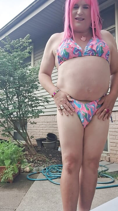Feeling horny in my new bathing suit outside on the patio!