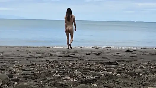 Korean teen walking naked on the beach with perfect tits