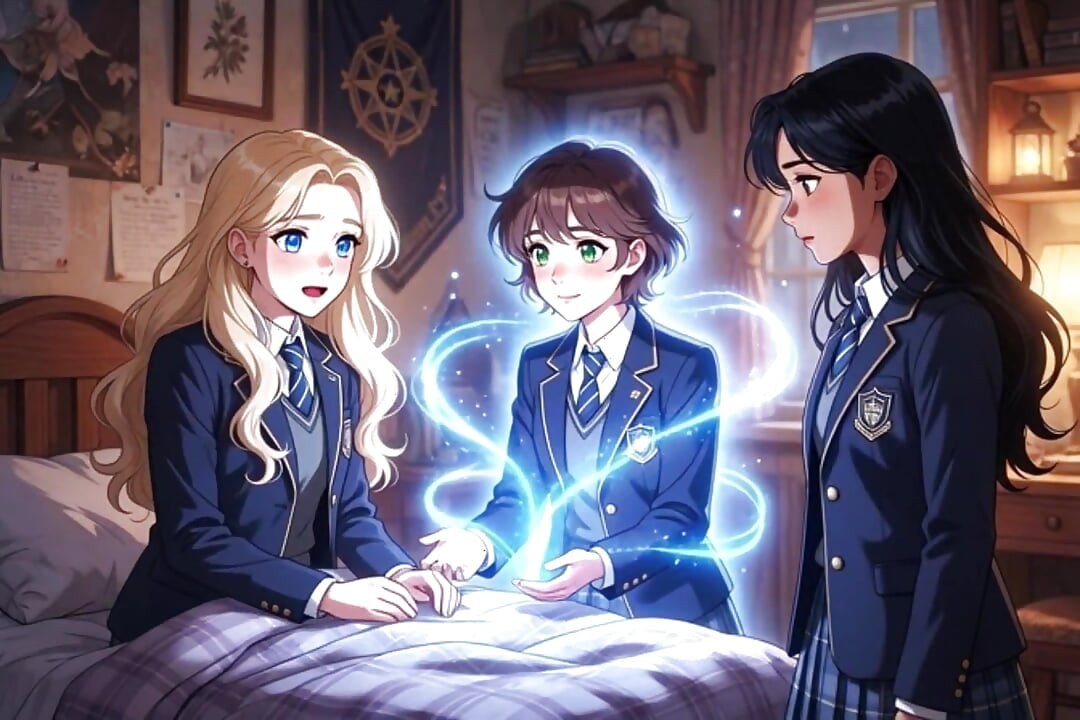 Sekolah ajaib menolak perawan - teman sekamarnya menggunakan mantra untuk memperbaikinya (ai Generated)