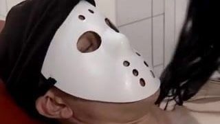 masked man fucks brunette