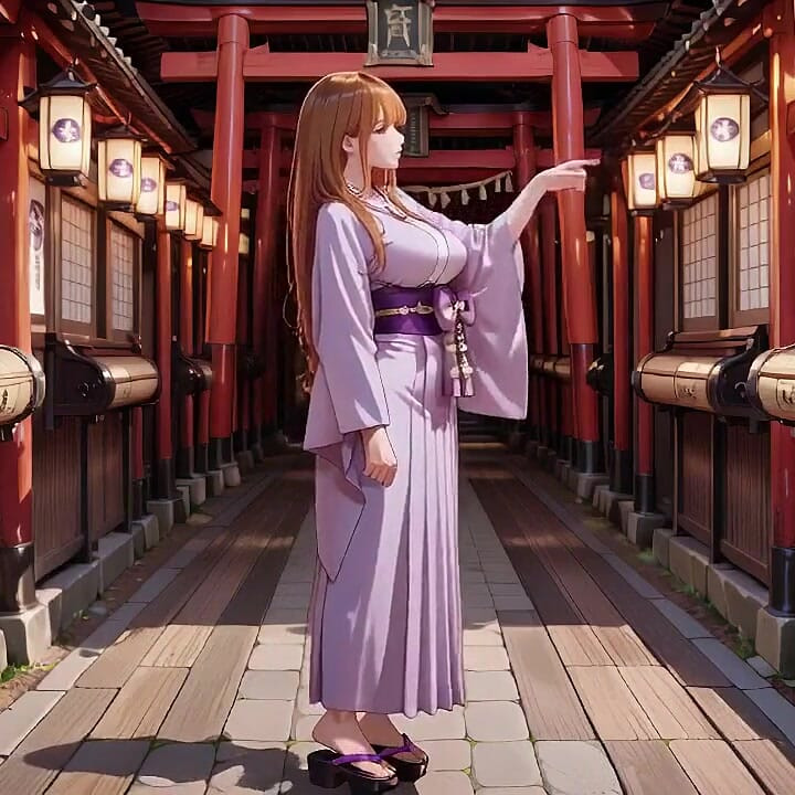 Red-haired Kimono Goddess! Kneeling Under the Sacred Torii Gate, She Adjusts Her Soaked Backless Outfit with a Shy Gaze.