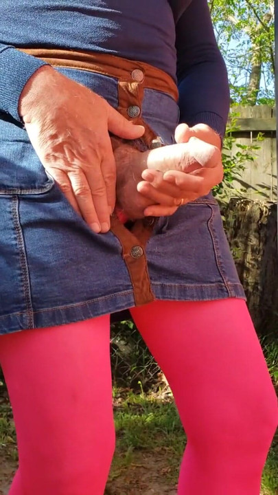 Epic moment from "Cd outdoors, feeling myself, masturbate and cum in my nylon pantyhose and miniskirt."