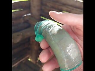 Cum into condom on hunting stand