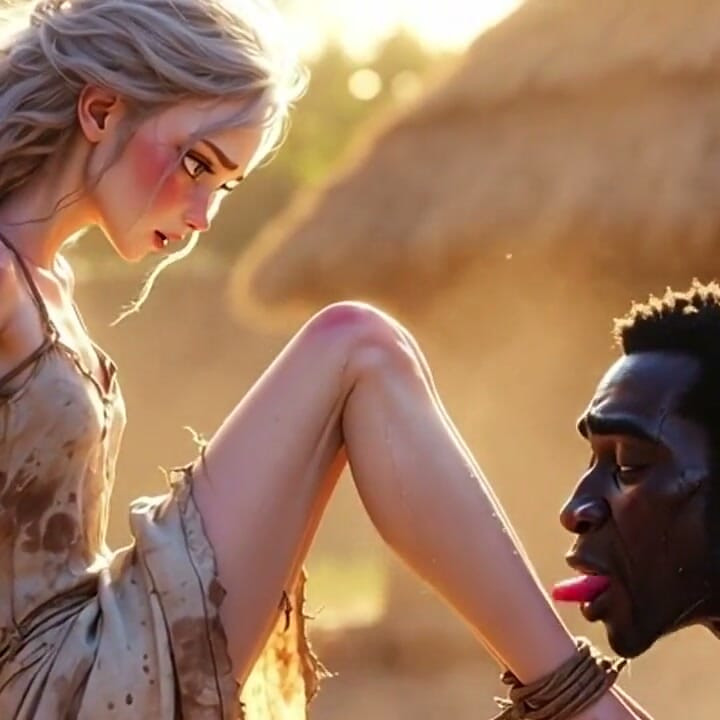 White Woman in Bondage - African Man Passionate Foot Licking