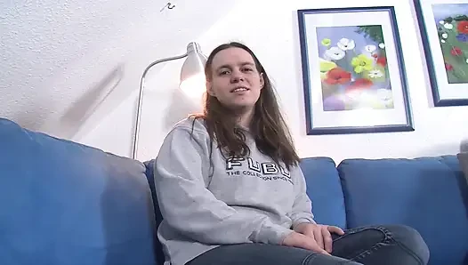 Horny brunette German slut rubs her pussy in close up