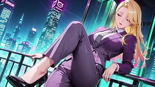 Блондинка-босс в фиолетовом костюме! Cyberpunk City против приватного контраста в спальне, ленивые позы, палец на губах, тело уже промокнутое!