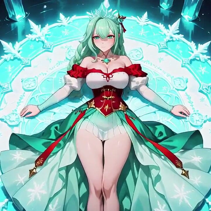 Green-haired Ice Goddess! Cold Contrast in Her Red-and-white Battle Robe, Kneeling Seductively in the Crystal Hall.