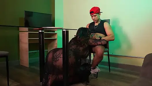 Innocent Stepson - Brunette woman shows off her ample assets to her muscular stepson