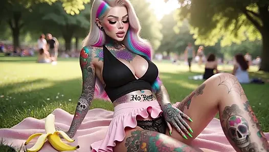 Tattooed Big Boobs Babe Masturbates in Public Park and Squirts