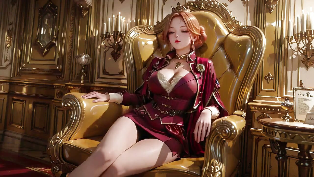 Red Queen on the Golden Throne! Deep Velvet Gown, Lazy Chin Rest, and a Gaze That Locks Onto You. Is She a Ruler or Prey?