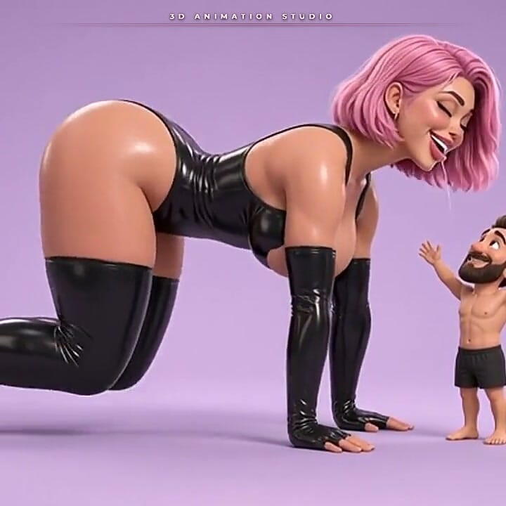 Pembe saçlı lateks sahibe minik erkeğiyle uzun bir öpücük için sürünüyor