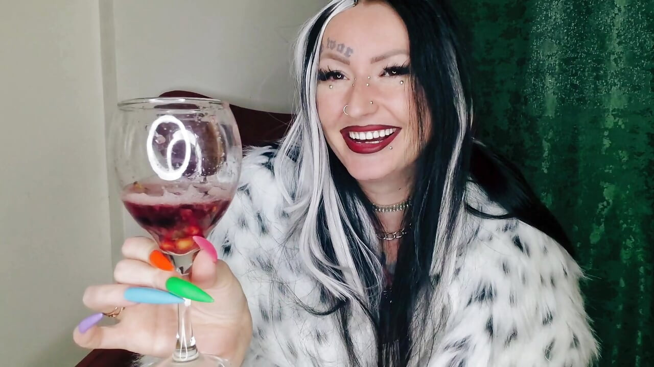 Spit fetish. Dominatrix Nika prepares a cocktail of spit and chewed cherries for you. Food fetish.