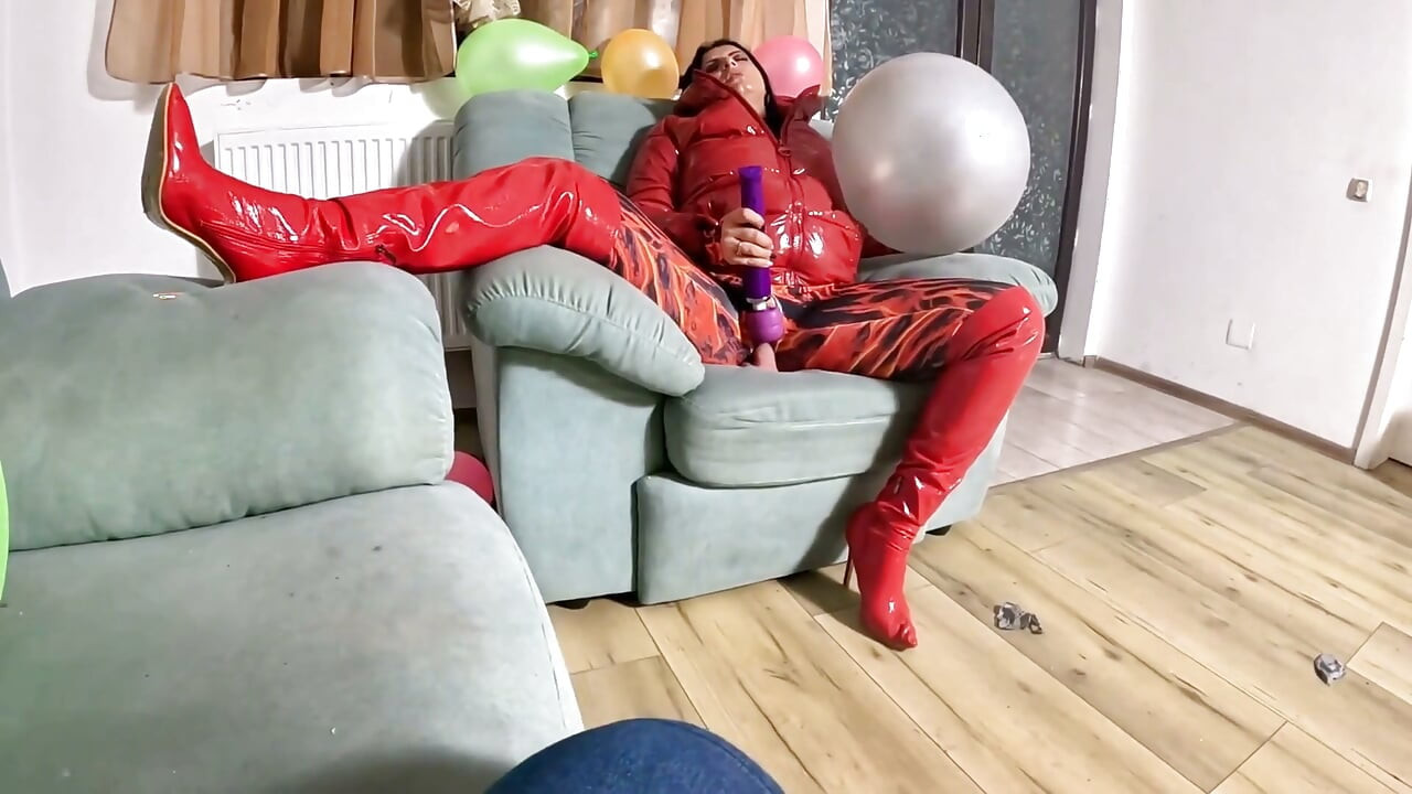 Dominant Red Downjacket MILF Balloon Humiliation. Failed Erection, Big Dildo Riding and Popping